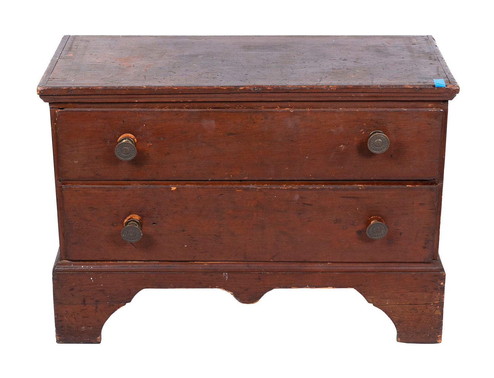 RED PAINTED PINE TWO-DRAWER CHEST 19th Century Height 28". Width 39". Depth 17". (1 of 1)