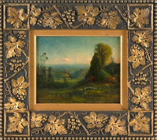 FRANK SNOWE (America, 19th Century), "Hillside Meadow"., Oil on board, 8.5" x 10.5". Framed 16" x