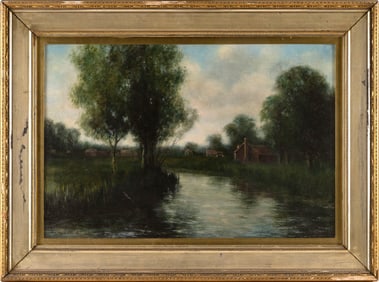 RIVERSCAPE PAINTING 19th Century Oil on canvas, 15.5" x 23.5". Framed 22.5" x 31".