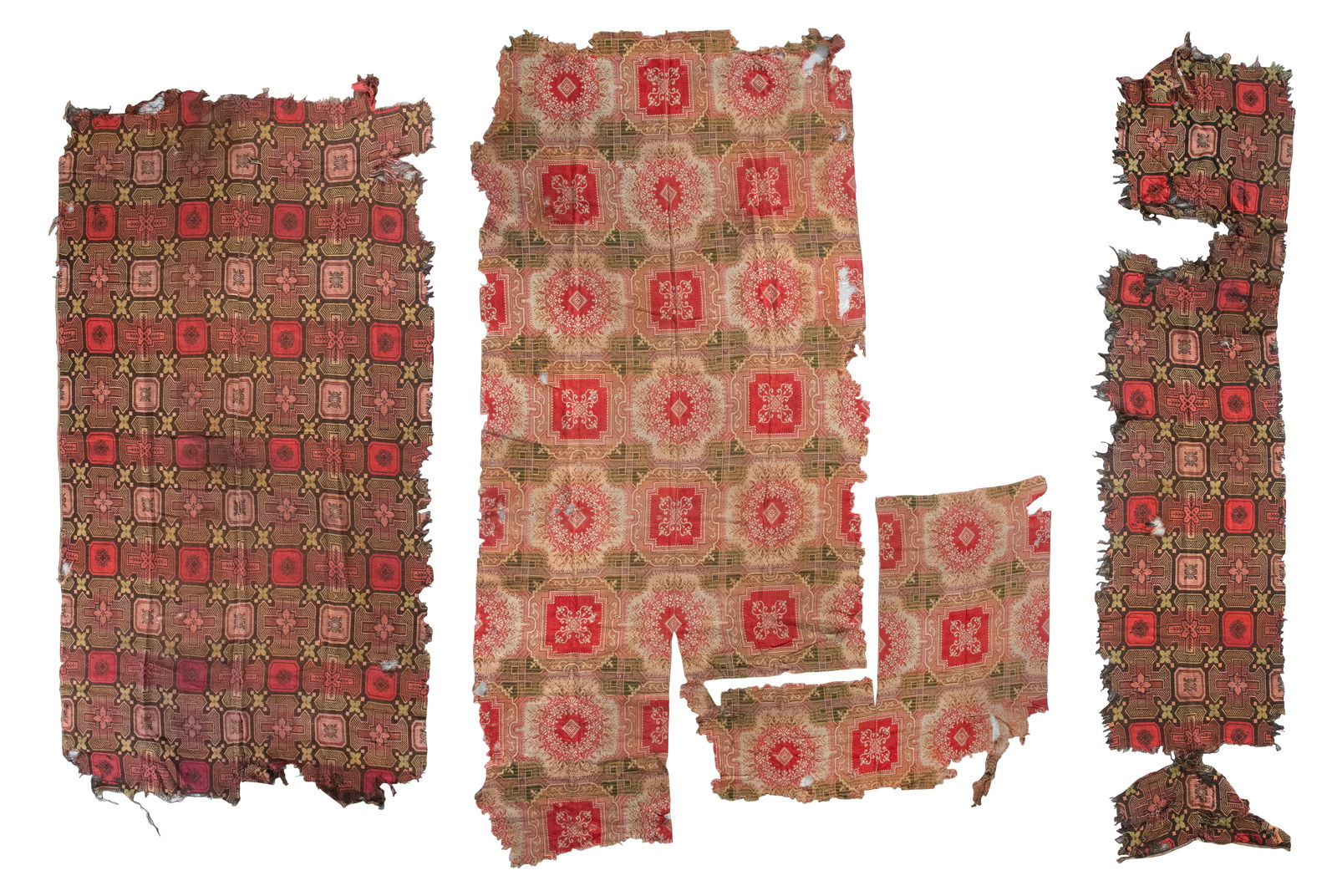 THREE WOOLEN FLOOR COVERING FRAGMENTS Mid-19th Century From approx. 4'6" x 5'6" to 5'10" x 12'6". (1 of 4)