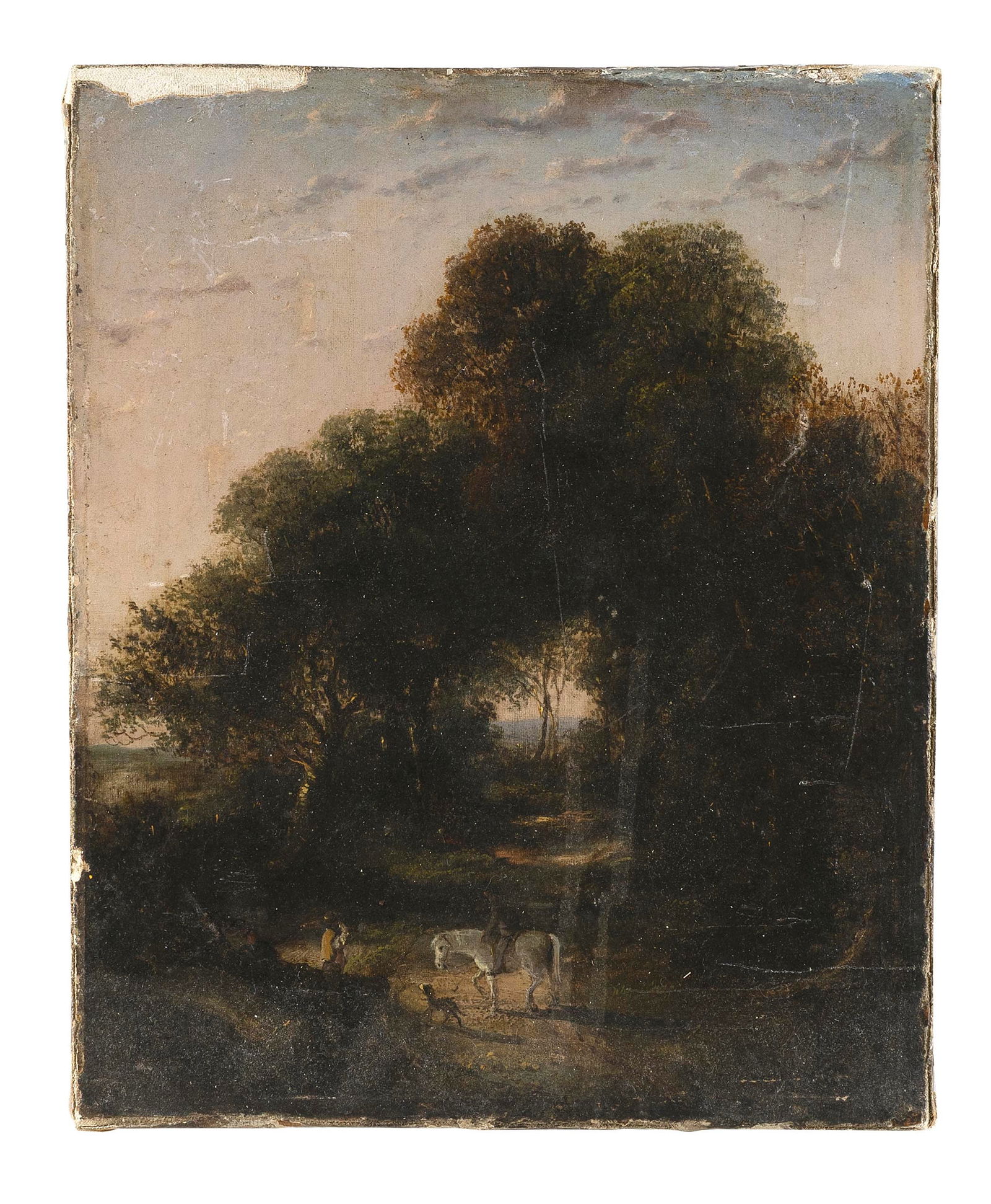 AMERICAN SCHOOL (19th Century,), Wooded landscape with figures on a sunlit road., Oil on canvas, 12" (1 of 2)