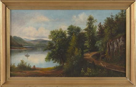 AMERICAN SCHOOL (19th Century,), Path along a riverfront., Oil on canvas, 14" x 24". Framed 18" x
