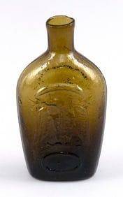 STODDARD MEDIUM YELLOW-OLIVE GREEN GLASS DOUBLE EAGLE FLASK New Hampshire, 19th Century Height