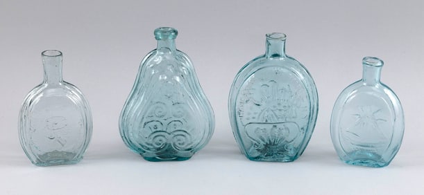 FOUR AQUA GLASS FLASK-FORM BOTTLES 19th Century Heights 5.5", 6" and 7".