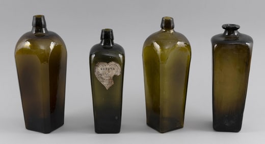 FOUR GREEN AND OLIVE GLASS GIN BOTTLES 19th Century Heights from 10" to 11".