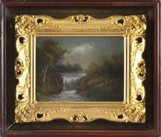AMERICAN SCHOOL (19th Century,), Landscape with waterfall., Oil on canvas, 9" x 12". Framed 17" x