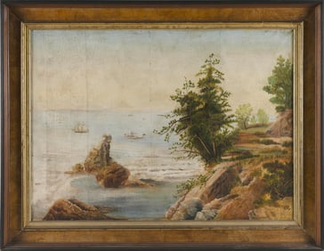 AMERICAN SCHOOL (19th Century,), Paddle steamer and other ships off a coast., Oil on canvas, 25" x