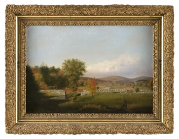 AMERICAN SCHOOL (19th Century,), A hunter reflects on an expansive landscape with river, bridge and