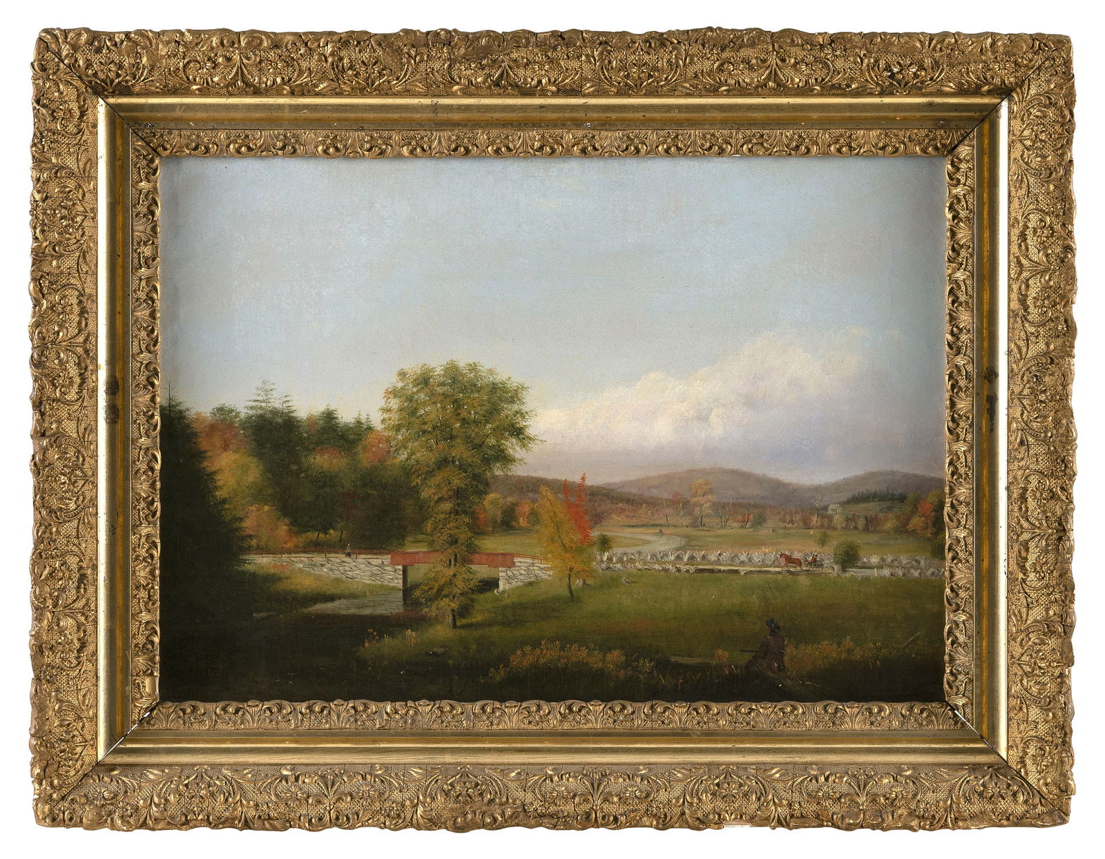 AMERICAN SCHOOL (19th Century,), A hunter reflects on an expansive landscape with river, bridge and (1 of 2)
