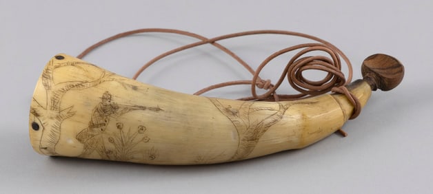 ENGRAVED POWDER HORN America, Circa 1847 Length 7".