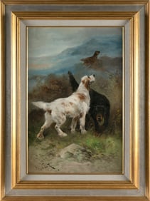 HENRY SCHOUTEN (Belgium/Indonesia, 1859/67-1927), Dogs on point., Oil on canvas, 25" x 16". Framed