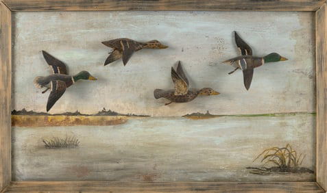 WALL PLAQUE DEPICTING MALLARDS IN FLIGHT Early 20th Century Framed 12.5" x 21".