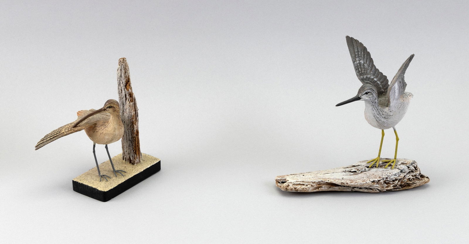 TWO STAN SPARRE MINIATURE SHOREBIRDS East Falmouth, Massachusetts, 1923-2011 Heights 6" and 6.5". (1 of 3)