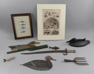 ELEVEN PIECES OF SPORTING ART 19th/20th Century Boot scraper length 15".