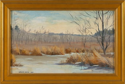 LELAND SMITH (America, 20th Century), Winter riverscape., Oil on board, 12" x 20". Framed 18" x 24".
