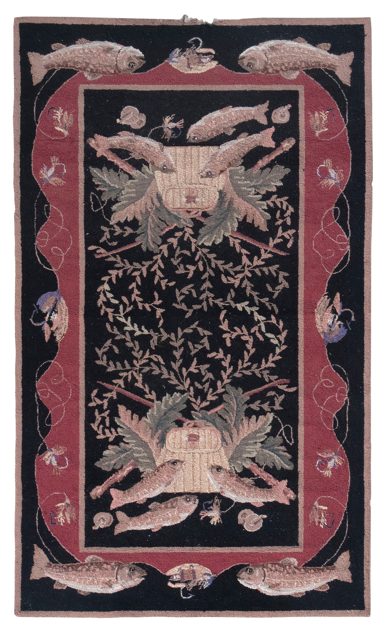 FISHING MOTIF HOOKED RUG 20th Century 4'11" x 3'0". (1 of 1)