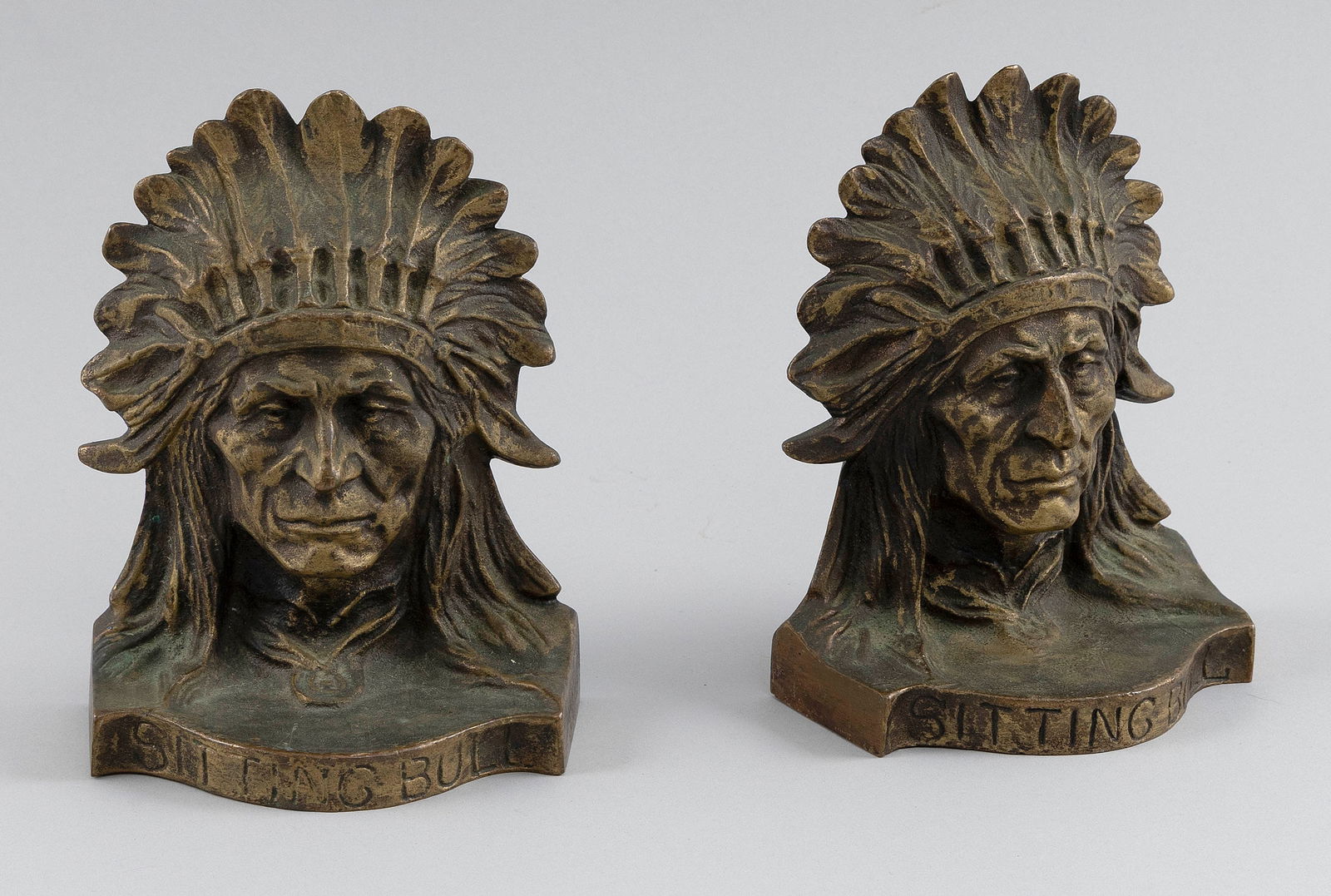 PAIR OF BRONZE SITTING BULL BOOKENDS Early 20th Century Heights 6.5". (1 of 2)