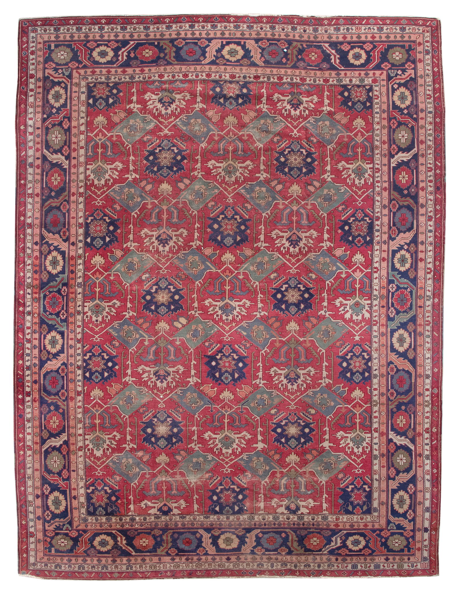 SERAPI DESIGN RUG: 10'1" X 13'7" Second Half of the 20th Century: SERAPI DESIGN RUG: 10'1" X 13'7"Second Half of the 20th CenturyWine red field with five rows of blue, green, ivory, pink and faded yellow geometric and stylized elements, including gabled medallions f