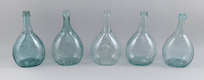 FIVE BLOWN AQUA GLASS CALABASH BOTTLES 19th Century Total heights 9.5".
