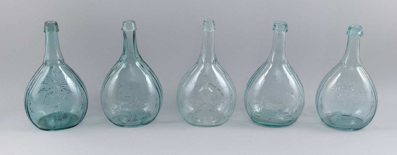 FIVE BLOWN AQUA GLASS CALABASH BOTTLES 19th Century Total heights 9.5". (1 of 3)