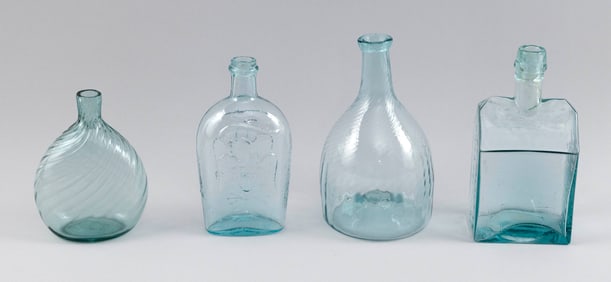 FOUR BLOWN AQUA GLASS BOTTLES 19th Century Heights 6.5", 7.5", 8.5" and 9".