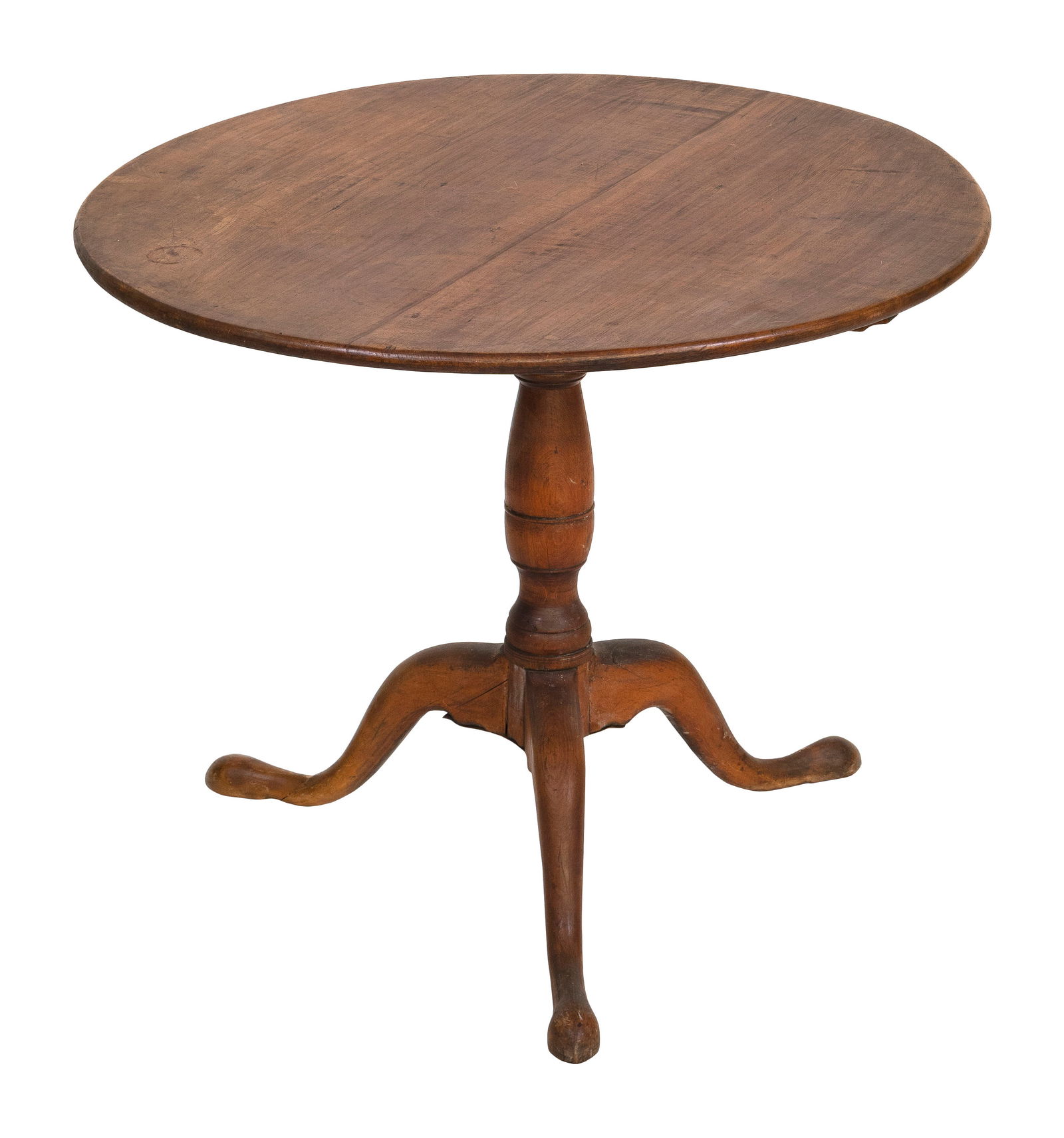 QUEEN ANNE MAPLE TILT-TOP TABLE 19th Century Height 25.5". Top diameter 32".: QUEEN ANNE MAPLE TILT-TOP TABLE19th CenturyTurned pedestal raised on cabriole legs ending in pad feet.Height 25.5". Top diameter 32".