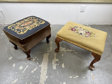 TWO NEEDLEWORK STOOLS 20th Century Heights 14" and 15".