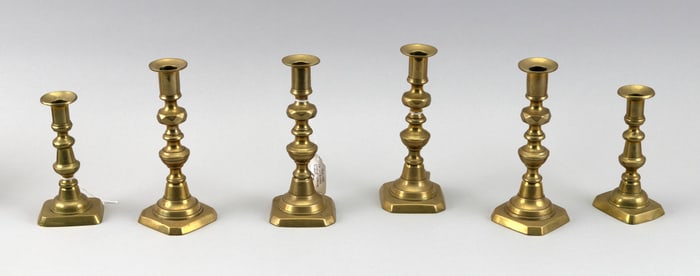 THREE PAIRS OF BRASS CANDLESTICKS 19th Century Heights from 5.25" to 7".