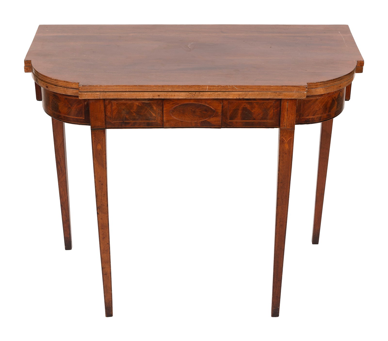 HEPPLEWHITE MAHOGANY AND MAHOGANY VENEER CARD TABLE Circa 1800 Height 29.75". Width 35.75". Depth (1 of 1)