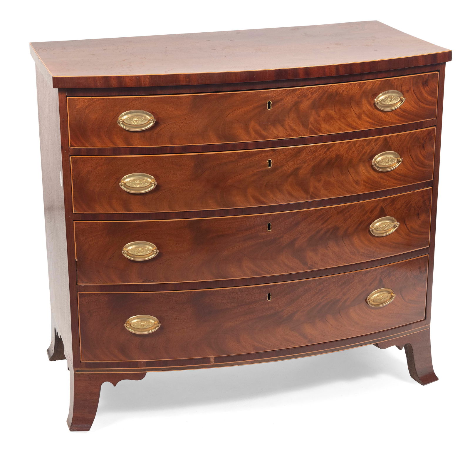 HEPPLEWHITE SELECT MAHOGANY AND MAHOGANY VENEER BOWFRONT BUREAU Circa 1800 Height 38.25". Width 42". (1 of 1)