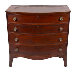 HEPPLEWHITE MAHOGANY BOWFRONT BUREAU 19th Century Height 39". Width 40". Depth 18".