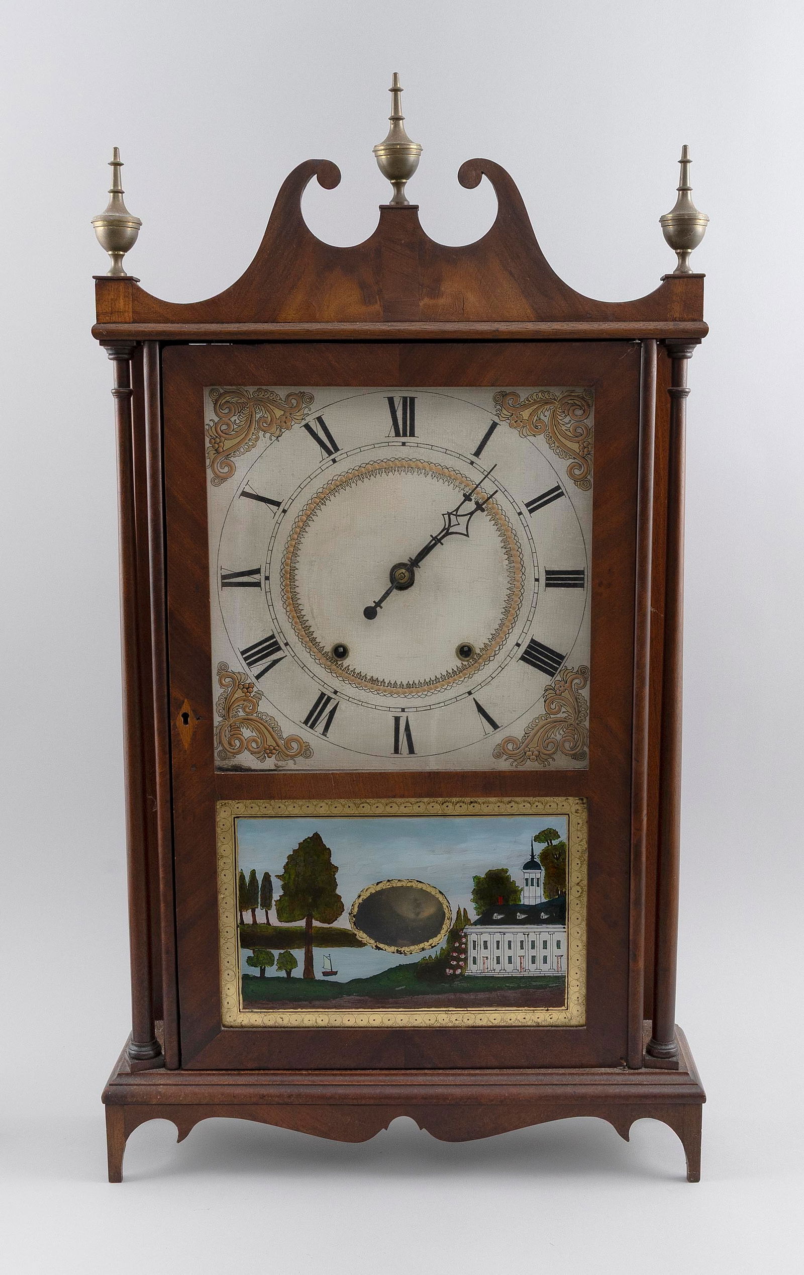 ELI AND SAMUEL TERRY PILLAR & SCROLL SHELF CLOCK 19th Century Height 31.5". Width 17.5". Depth 4.5". (1 of 3)