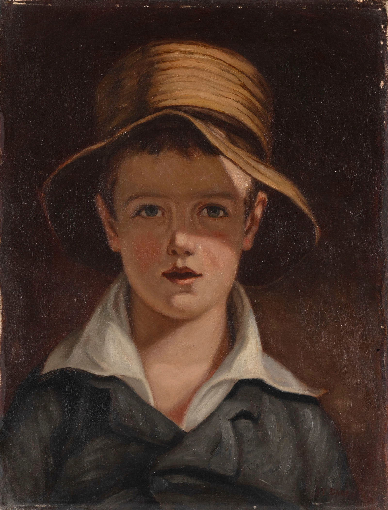 JAMES T. BREEN (Massachusetts, 1859-1940), "The Torn Hat"., Oil on canvas, 16" x 12". Unframed. (1 of 2)