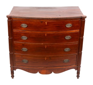 SEYMOUR SCHOOL MAHOGANY BOWFRONT BUREAU Boston, Circa 1810 Height 39". Width 49.5". Depth 22.5".