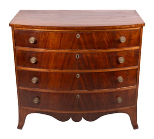 FEDERAL MAHOGANY AND TIGER MAPLE BOWFRONT BUREAU Circa 1810 Height 39". Width 32". Depth 22".