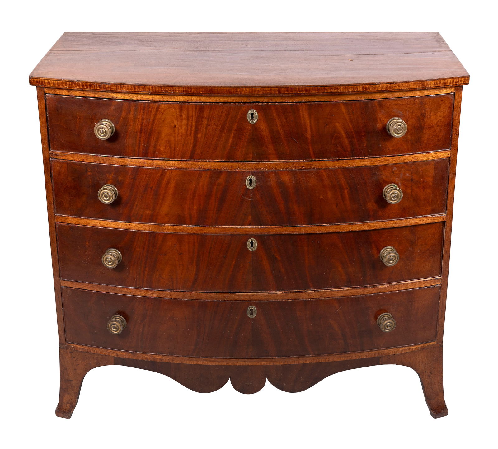 FEDERAL MAHOGANY AND TIGER MAPLE BOWFRONT BUREAU Circa 1810 Height 39". Width 32". Depth 22". (1 of 1)