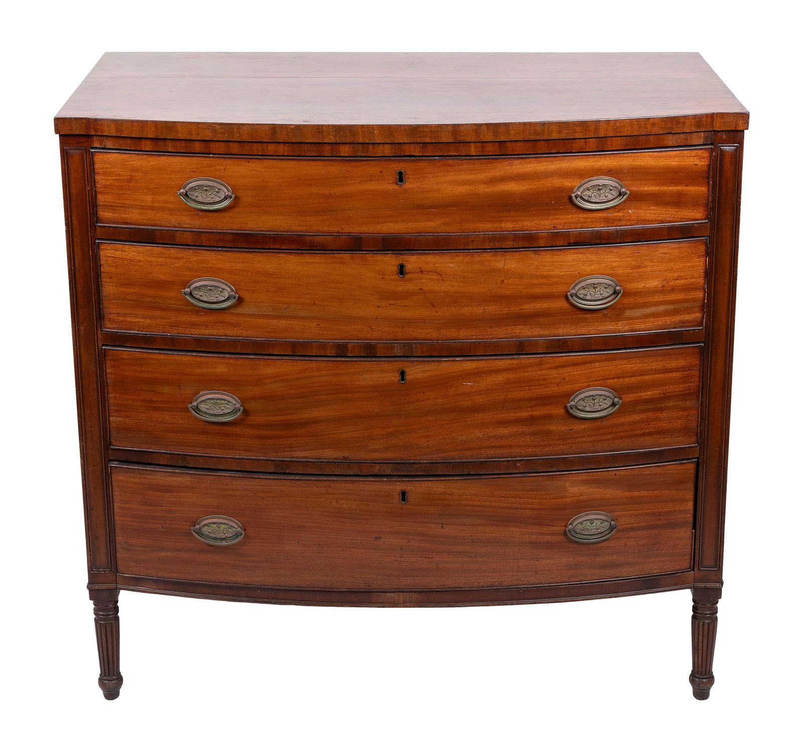 SHERATON BOWFRONT MAHOGANY AND MAHOGANY VENEER CHEST Circa 1815 Height 40". Width 42". Depth 23.5". (1 of 1)