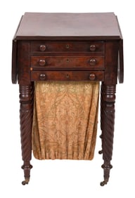 SHERATON MAHOGANY DROP-LEAF WORK TABLE Circa 1820 Height 28.75". Width 18" plus two 8.5" drop