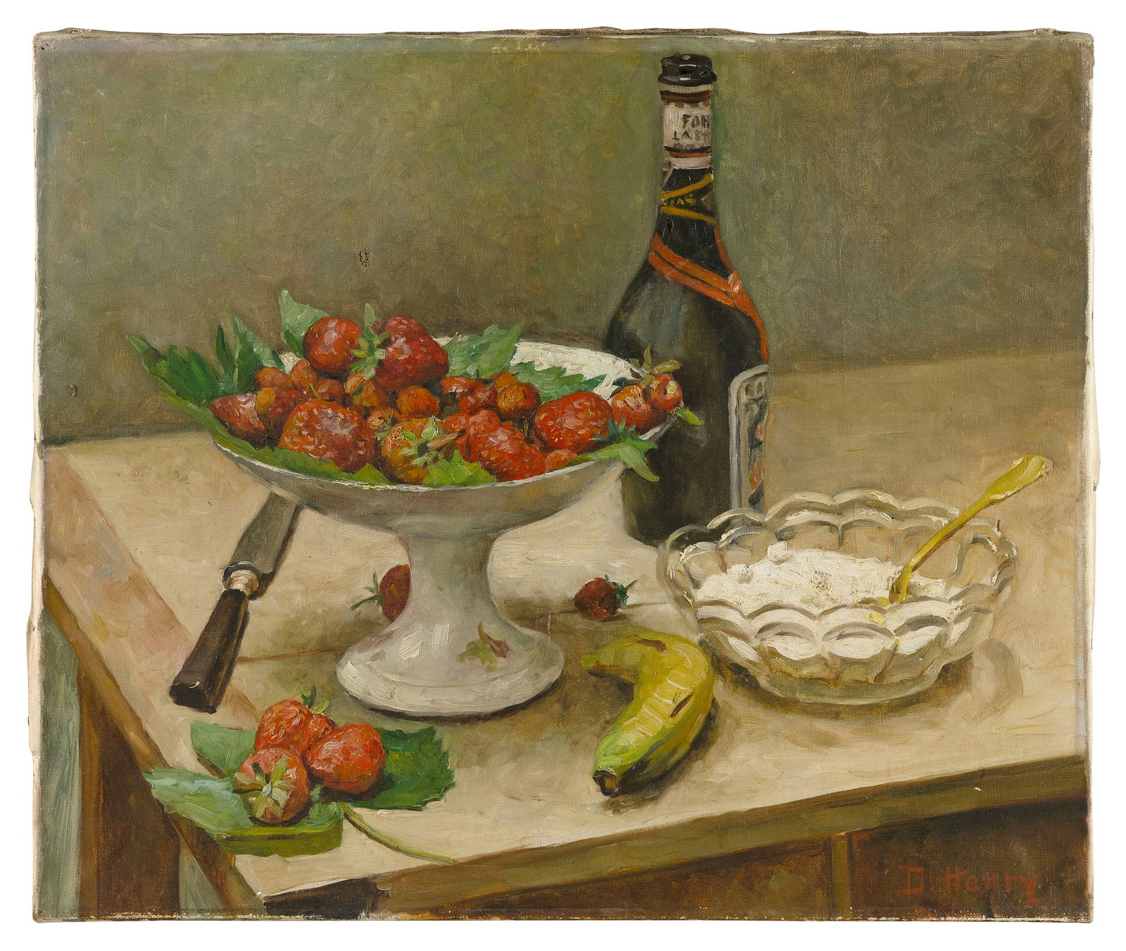AMERICAN SCHOOL (Late 19th/Early 20th Century,), Still life of fruit and a glass bottle., Oil on: AMERICAN SCHOOLLate 19th/Early 20th CenturyStill life of fruit and a glass bottle. Signed lower right "D. Henry".Oil on canvas, 18.25" x 21.5". Framed.
