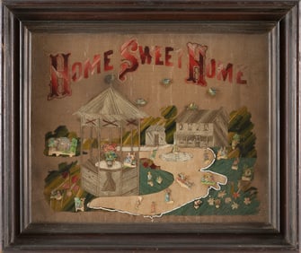 VICTORIAN NEEDLEWORK "HOME SWEET HOME" America, 19th Century Framed 20" x 24".