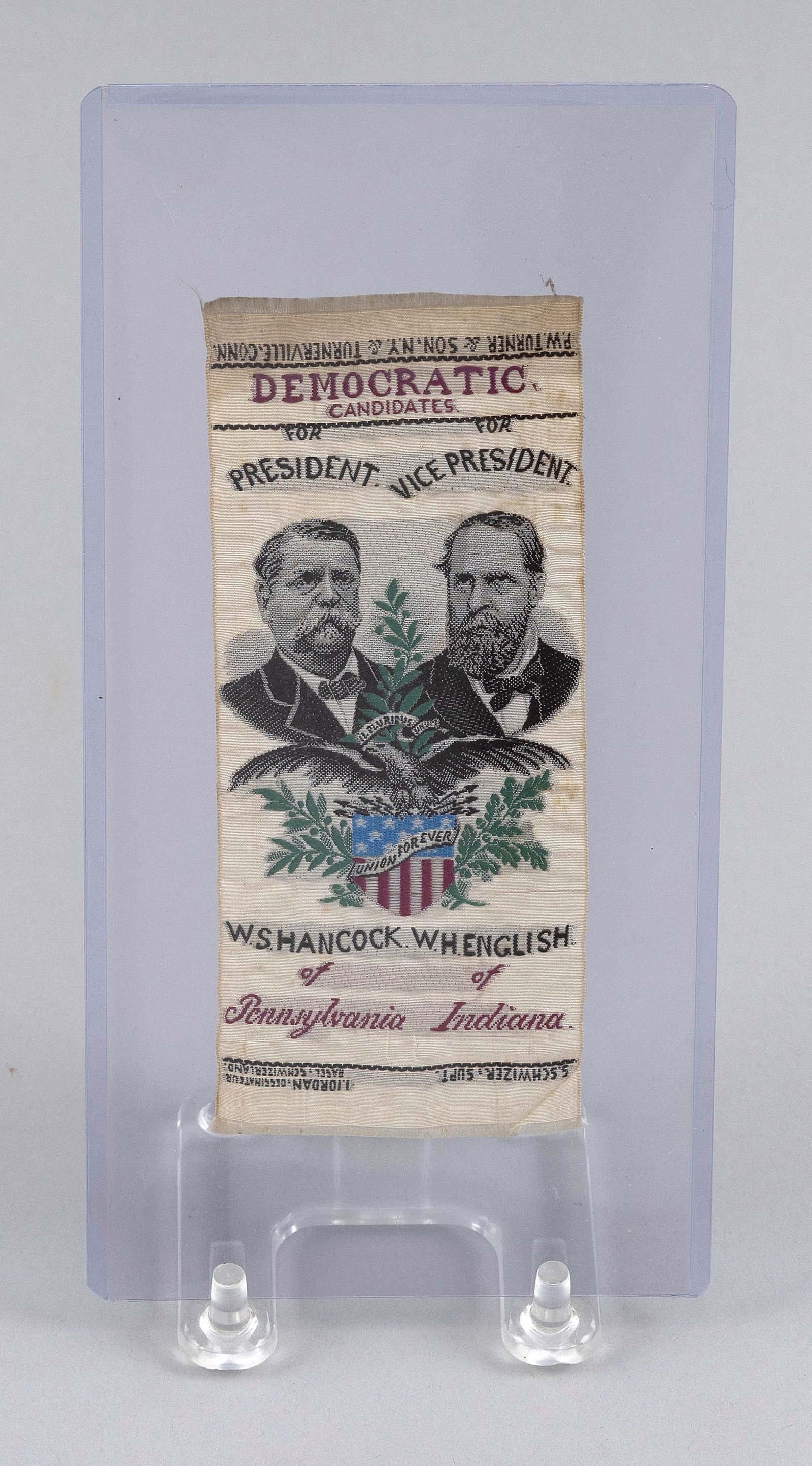RARE W.S. HANCOCK AND W.H. ENGLISH STEVENGRAPH CAMPAIGN RIBBON 19th Century 5.5" x 2.5". (1 of 2)