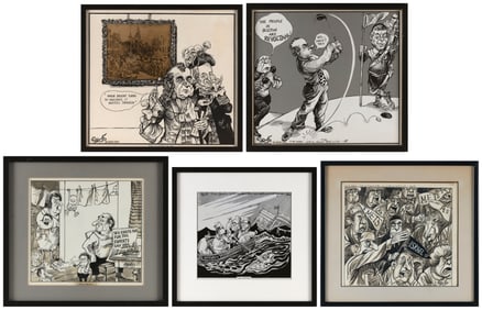 PAUL SZEP (Canada, 1941-), Five political cartoons., Mixed medias on paper, approx. 11" x 12" sight.