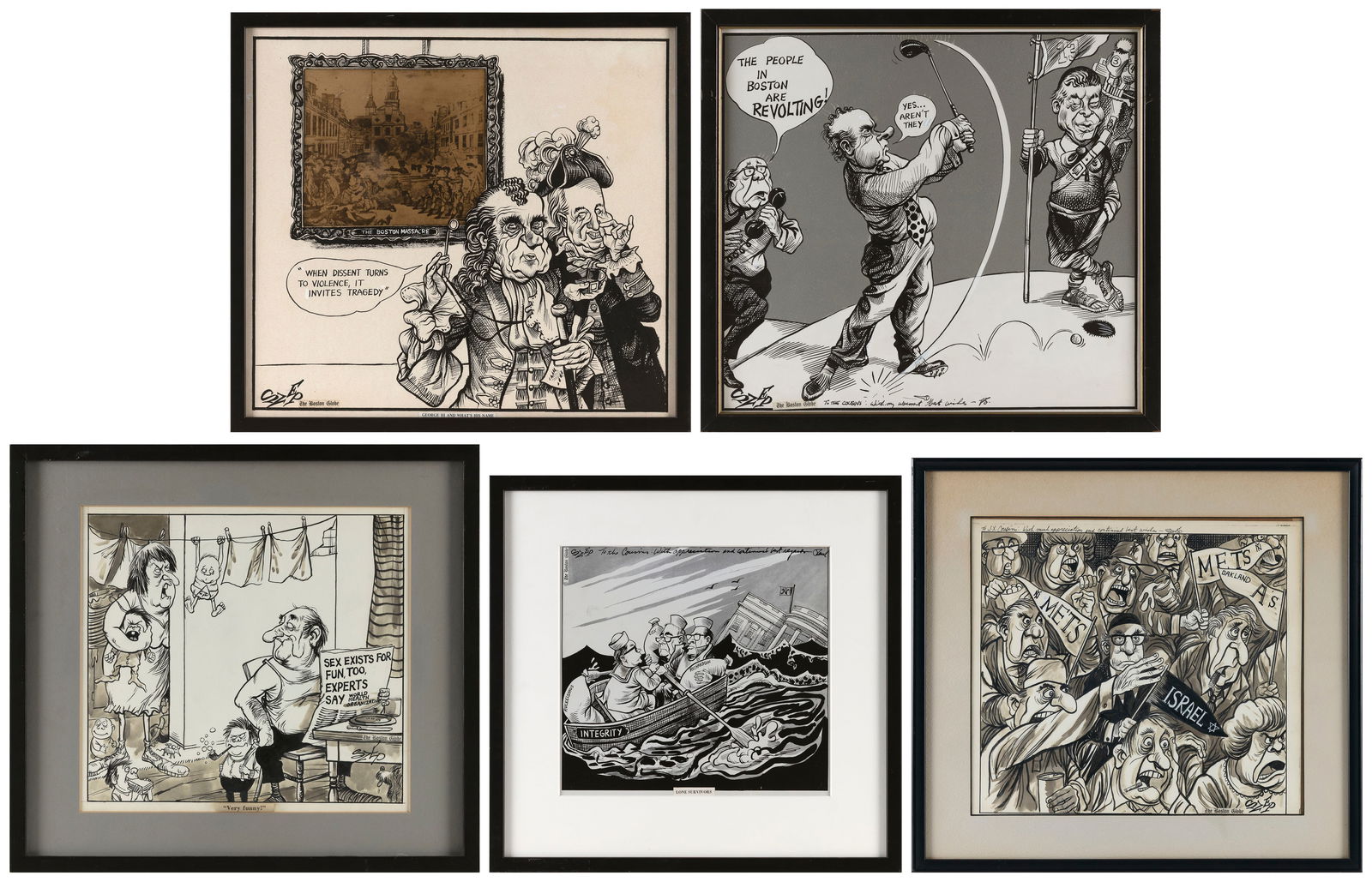 PAUL SZEP (Canada, 1941-), Five political cartoons., Mixed medias on paper, approx. 11" x 12" sight. (1 of 11)