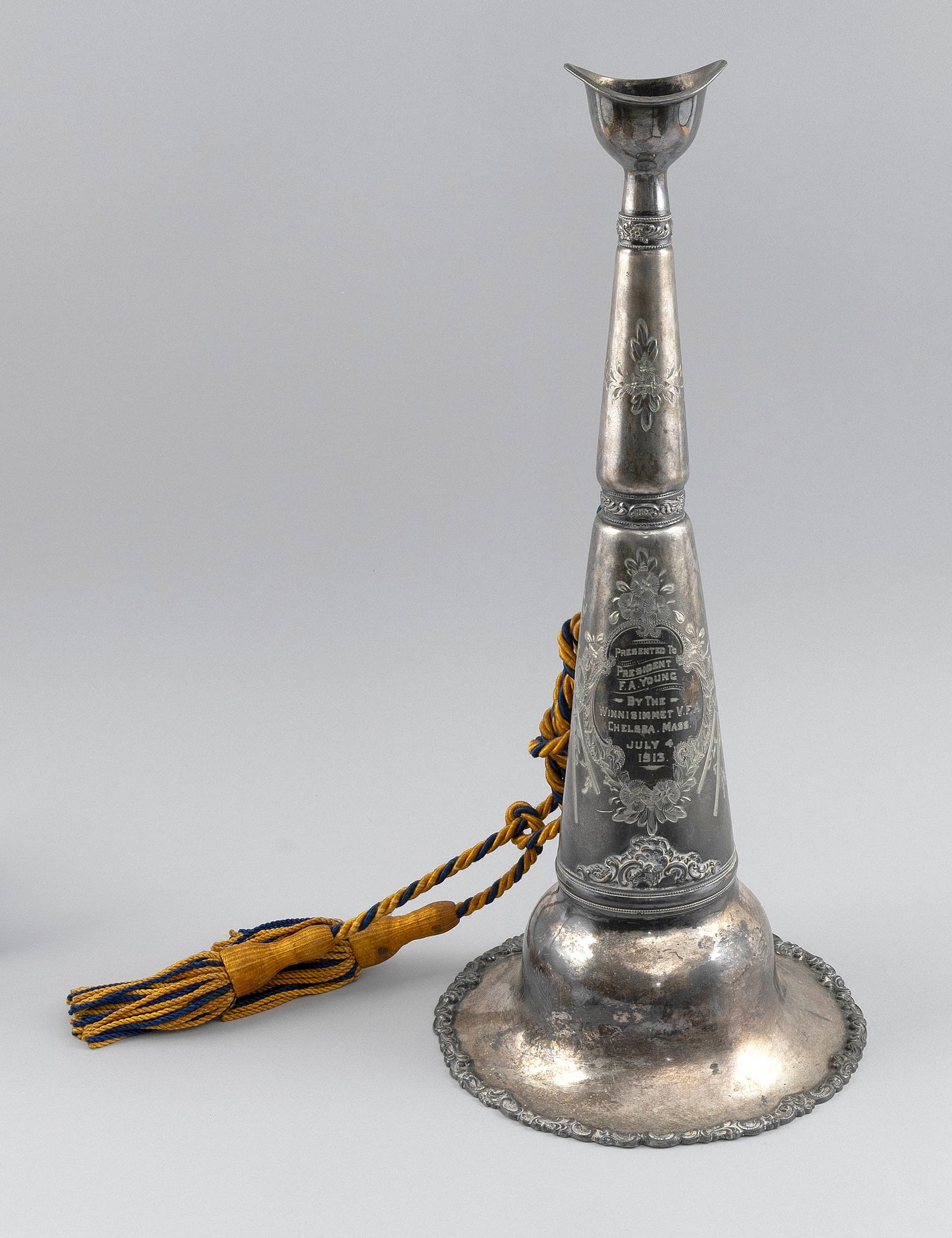 AMERICAN SILVER PLATED FIRE PARADE TRUMPET Dated July 4, 1913 Height 19.5". (1 of 6)