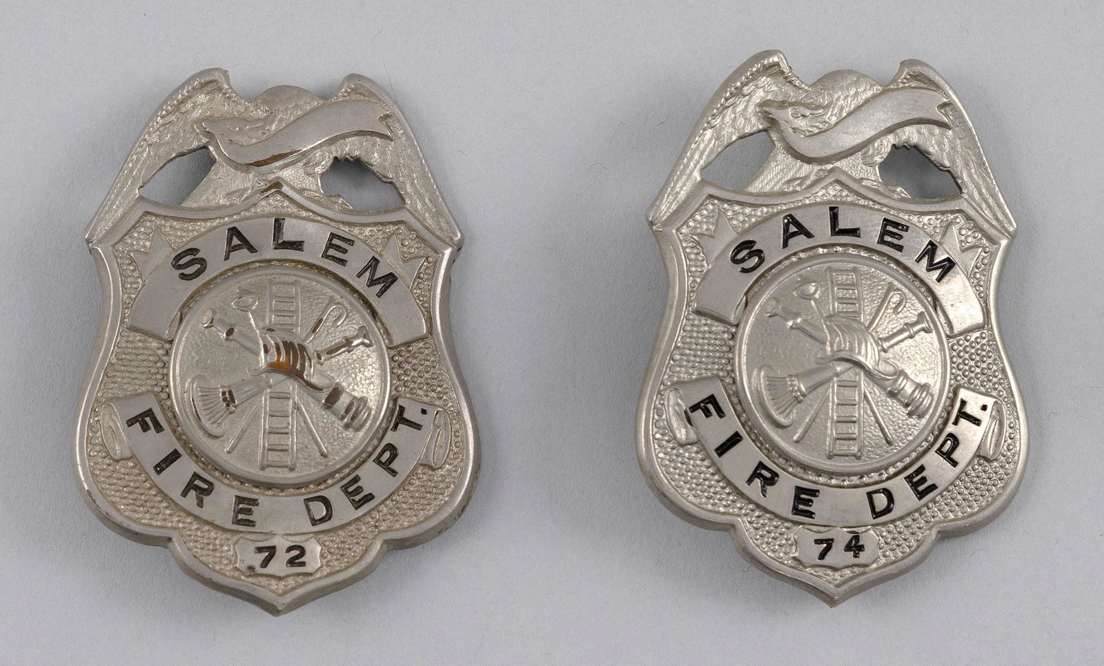 TWO SALEM, MASSACHUSETTS FIRE BADGES Early 20th Century Lengths 2.5". (1 of 2)