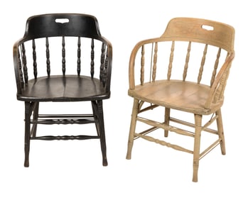 TWO FIREHOUSE ARMCHAIRS Early 20th Century Back heights 31.5". Seat heights 16".