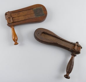 TWO WOODEN POLICE/FIRE ALARM RATTLES 19th Century Lengths 8" and 9".