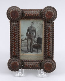 POLICEMAN CARTE DE VISITE IN A TRAMP ART FRAME 19th Century Framed 6.5" x 5".