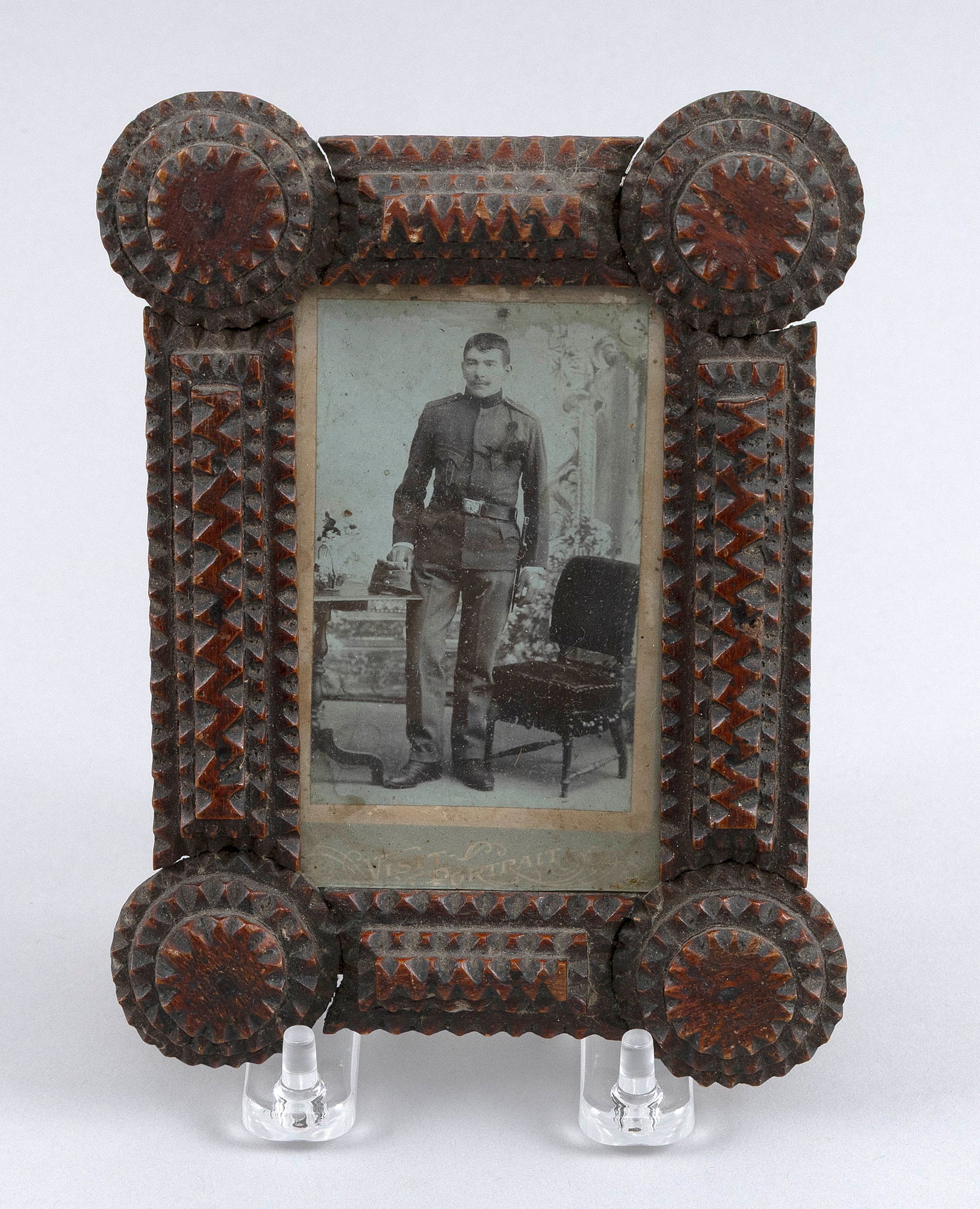 POLICEMAN CARTE DE VISITE IN A TRAMP ART FRAME 19th Century Framed 6.5" x 5". (1 of 2)