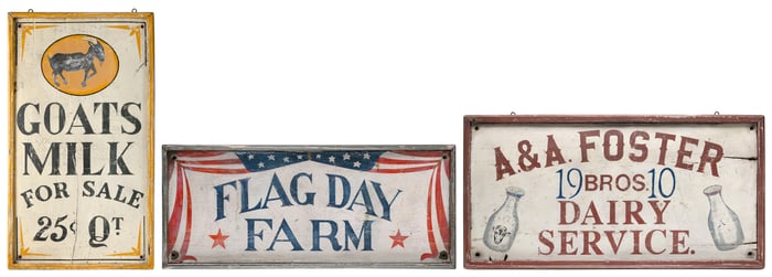 THREE VINTAGE-STYLE PAINTED WOODEN SIGNS 20th Century 16" x 37", 19" x 37, and 32" x 18".